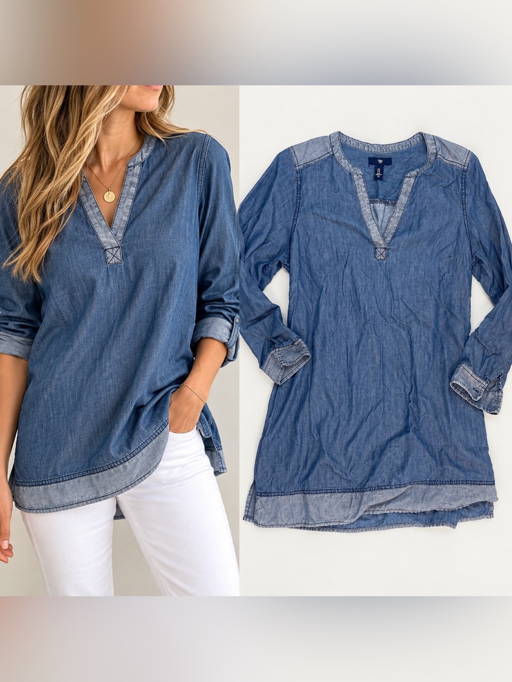 Gap Women's Medium Blue Chambray Denim Tunic Top Long Sleeve Boho V Neck
